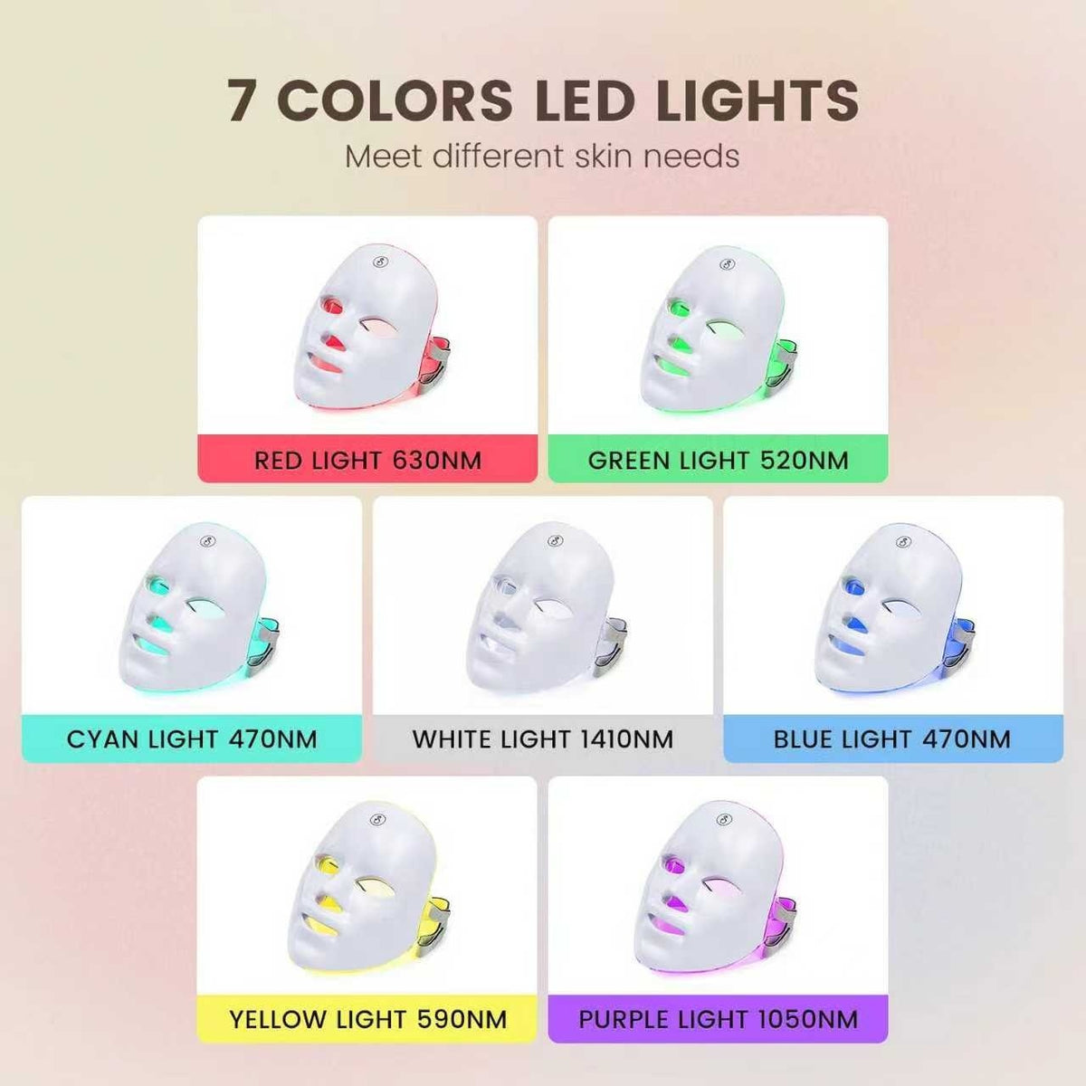 The seven LED light colors of the LumiGlow mask
