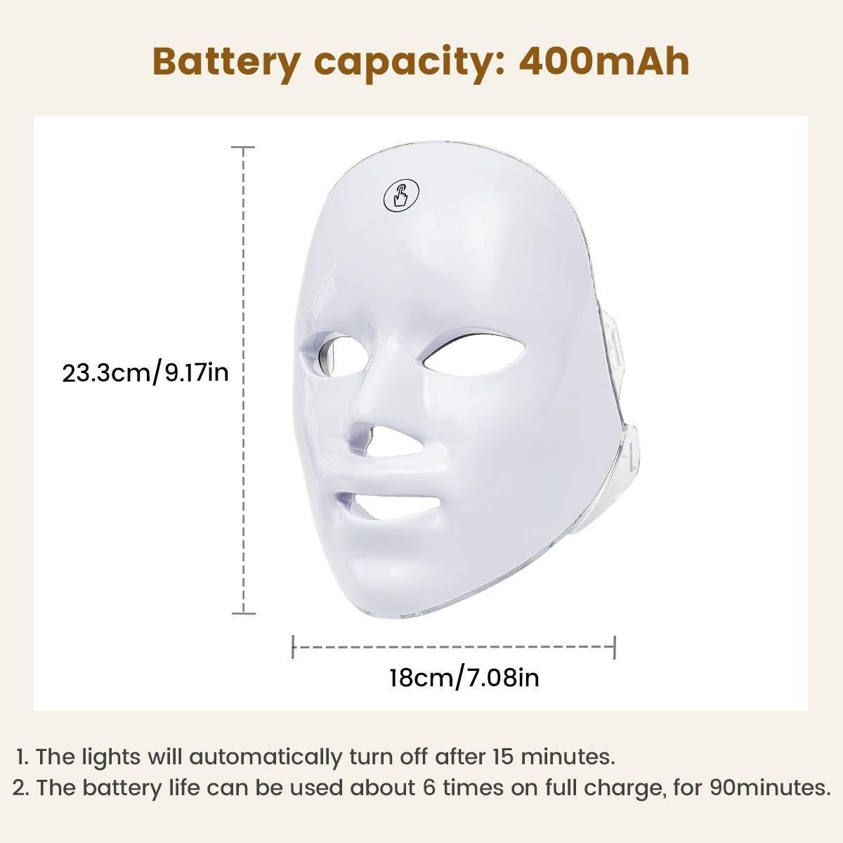 LumiGlow LED mask size and 400mAh battery details